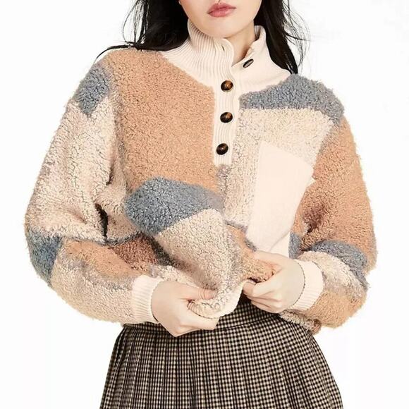 Sandy Liang Target Sherpa Pocket Comfy Boho Shabby Chic Colorblock Sweater - Picture 6 of 6